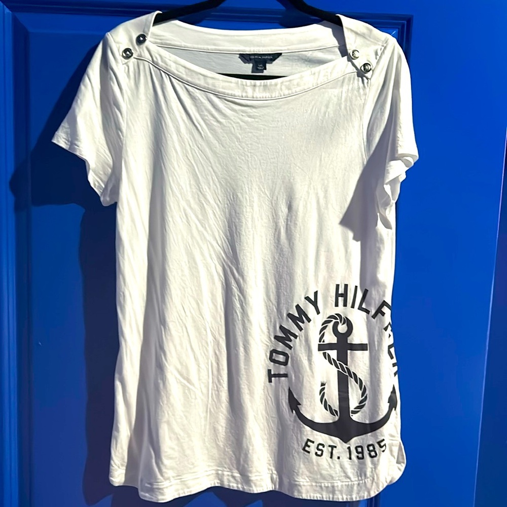 White and navy shirt. No tag, never worn